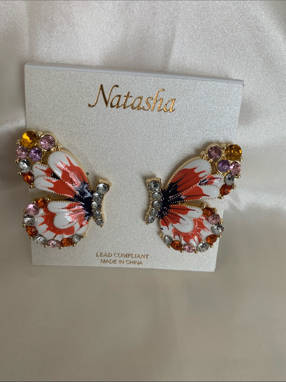 Natasha Couture Orange, White & Pink Butterfly Crystal Earrings - Picture 5 of 8